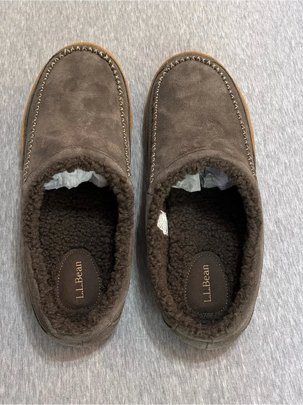 L.L.Bean Men’s Wicked Good Moccasin Slippers Brown Suede Sherpa Lined Size 12 M - Picture 5 of 5